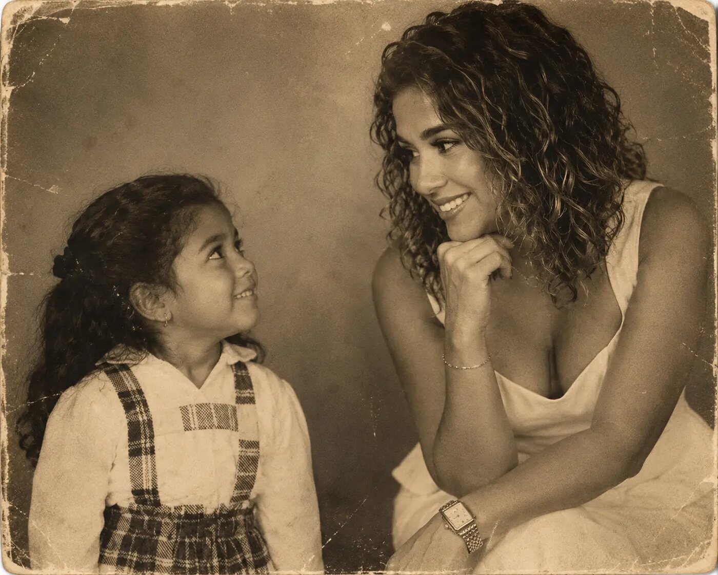 A vintage photo of a young Jennifer smiling up at her mom